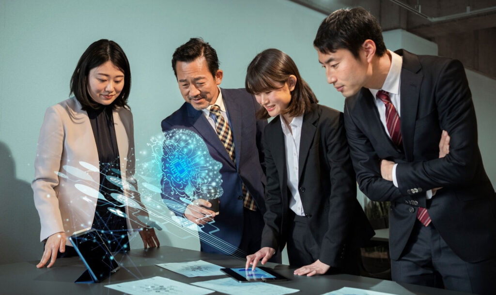 A cheerful group of professionals engaging with an AI holographic display