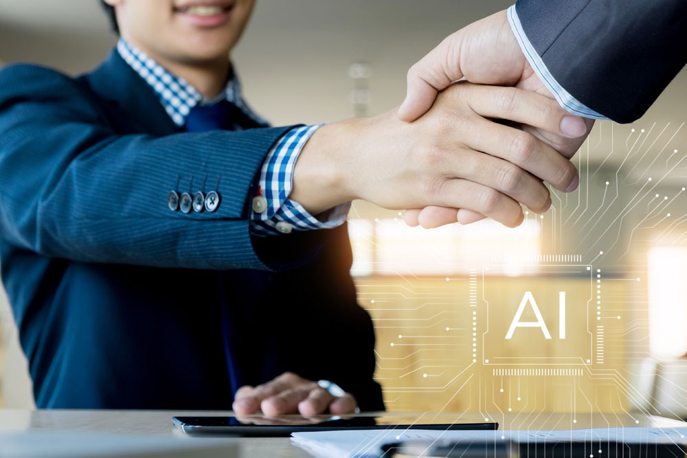 Smiling businessman in a suit shaking hands in front of an AI-themed digital overlay, symbolizing tech-savvy corporate agreements.