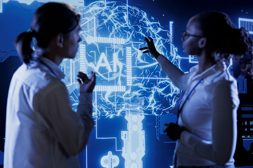 Two professionals analyzing complex data visualizations on a digital interface screen, depicting AI and machine learning technologies.